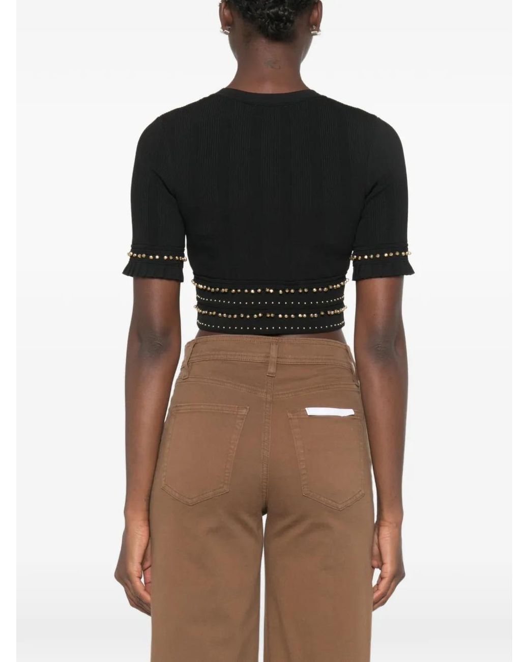 Sandro Black Stud-Embellished Ruffled-Cuff Cropped Cardigan