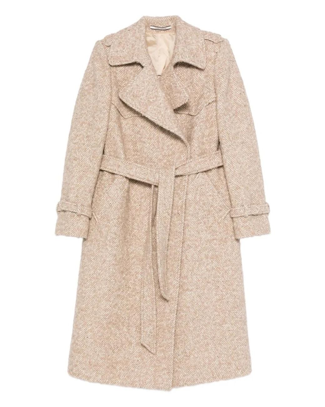 Tagliatore Natural Belted Herringbone-Pattern Coat