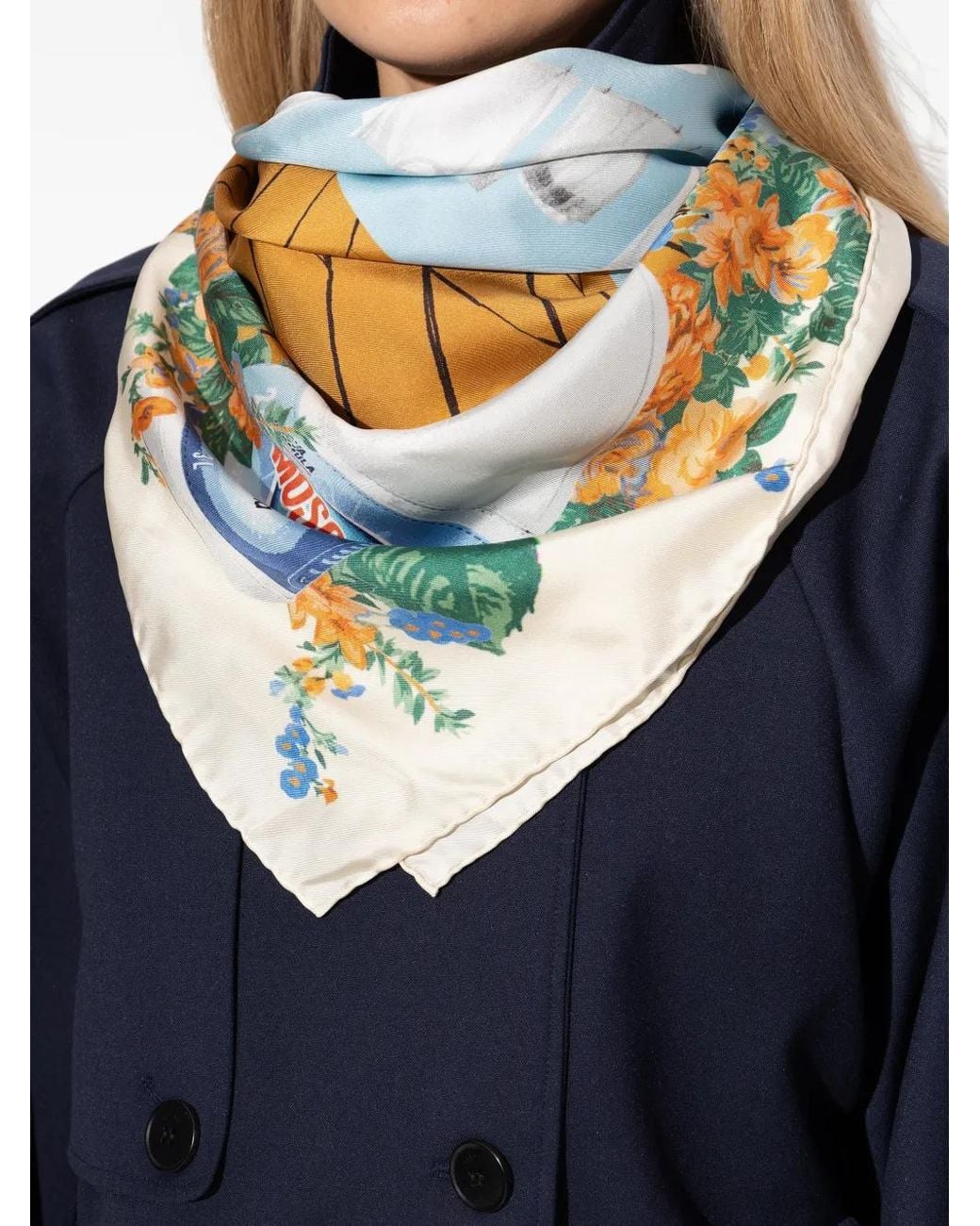 Moschino Blue Floral-Print Silk Scarf