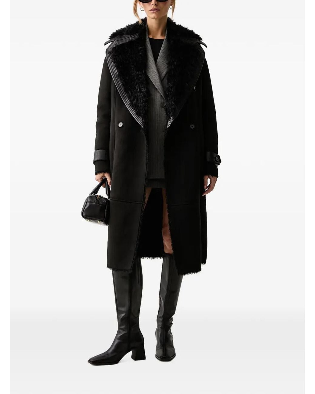 Patrizia Pepe Black Belted Shearling-Collar Coat
