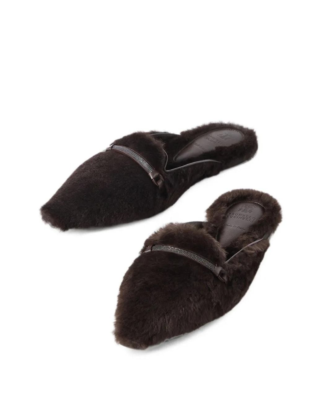Brunello Cucinelli White Shearling Flats With Precious Bar