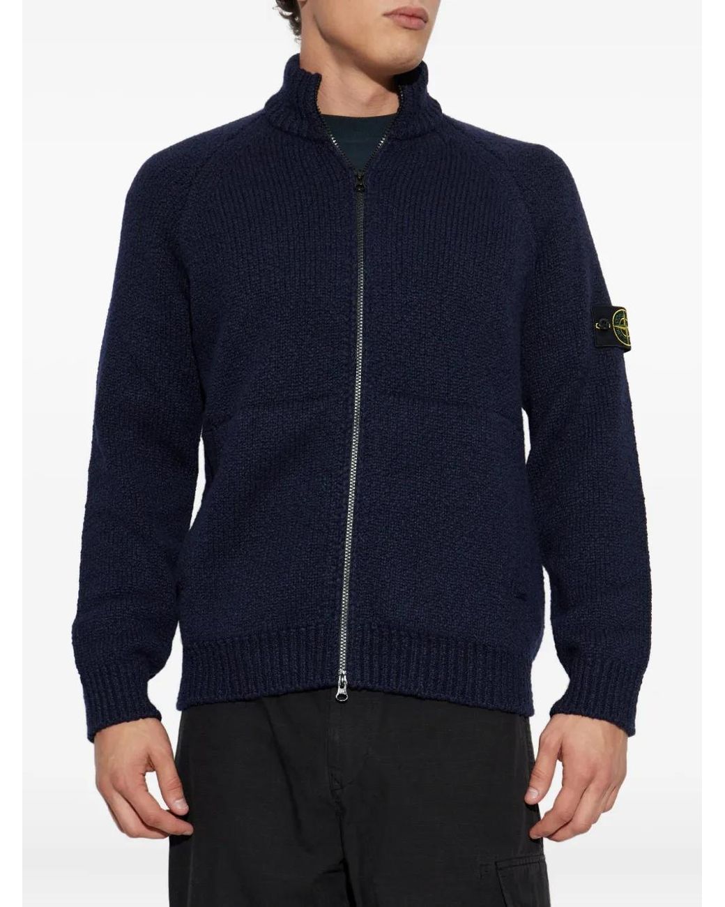Stone Island Blue Zip-Front Patch-Pocket Wool Sweater for men