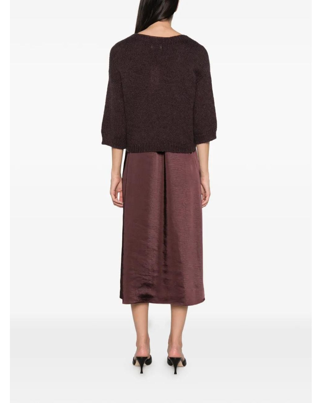 Vera Mont Brown Lace-Trim Satin Midi Dress