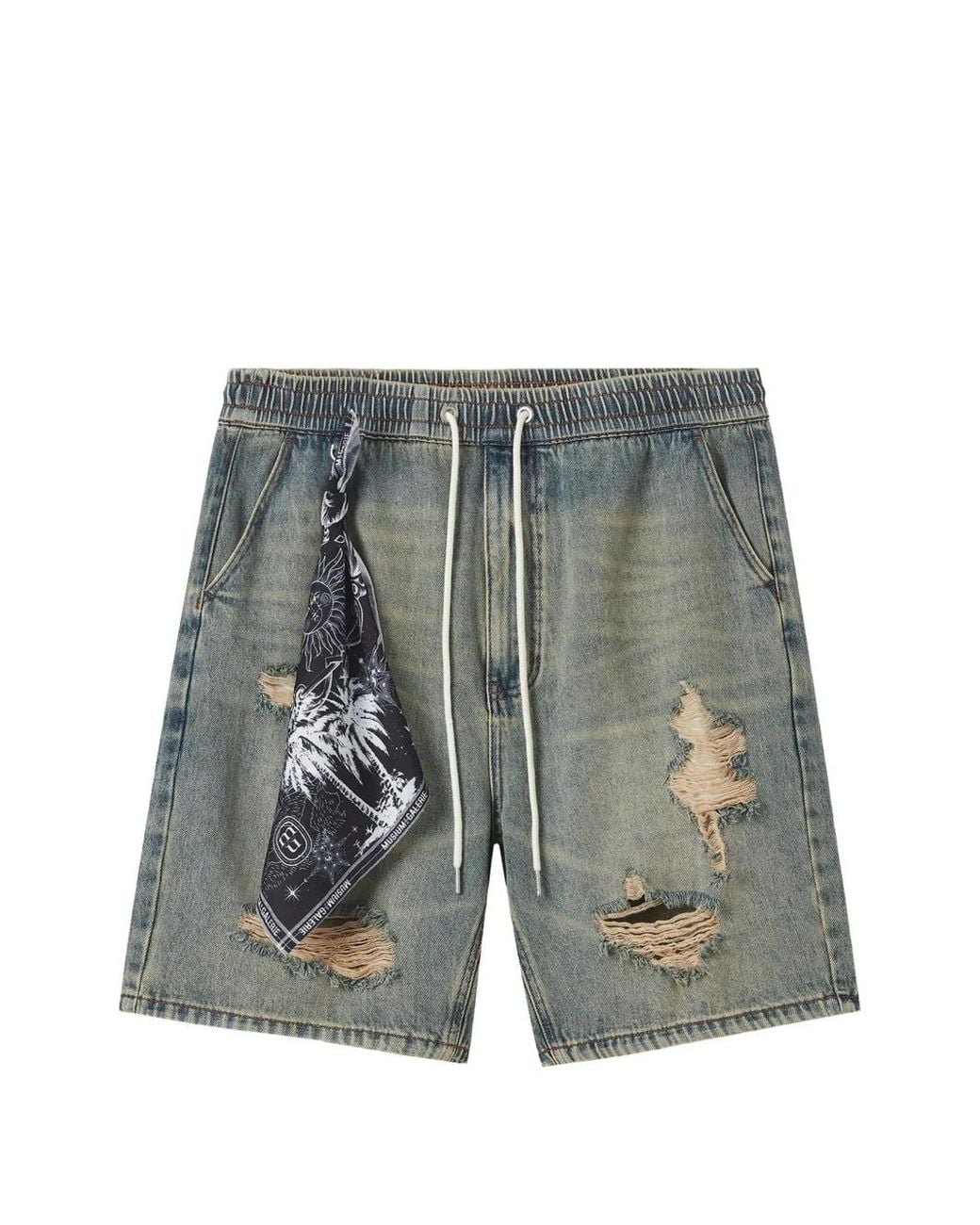 Musium Div. Gray Distressed Drawstring Denim Shorts for men