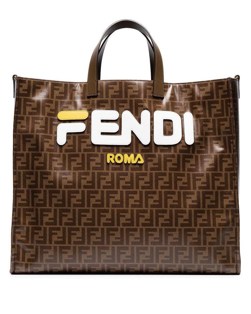Fendi Mania Brown And White Large Logo Print Tote Bag Lyst Canada