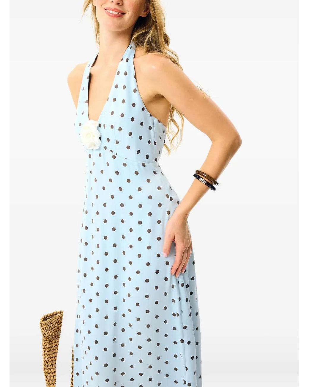 Sleeper Blue Robe Mi-Longue Jardin À Pois Et Col V