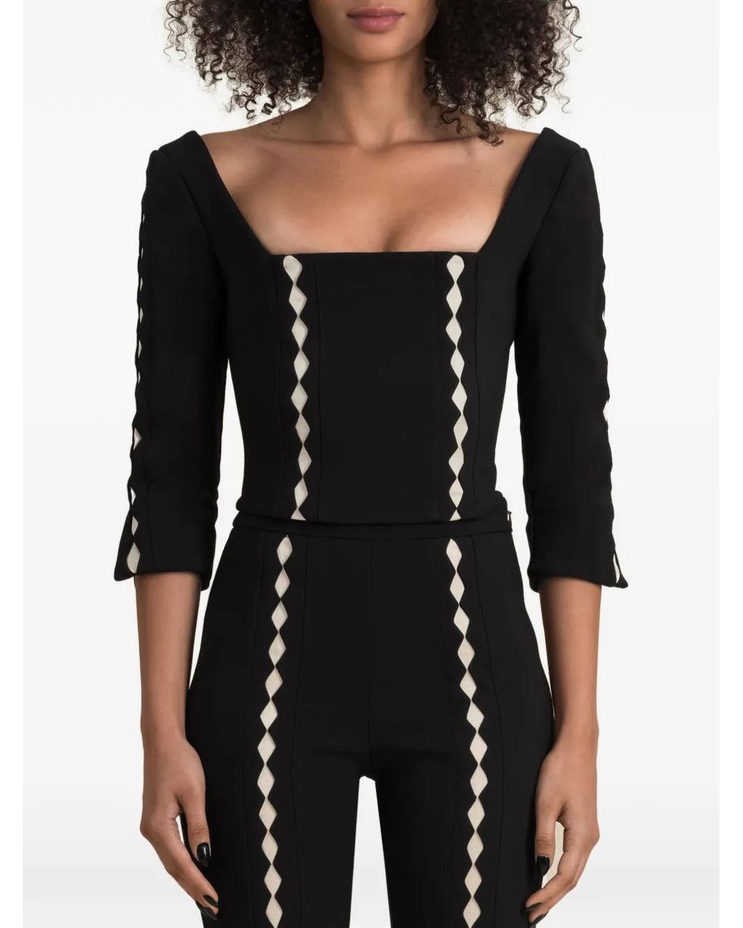 Contessa Mills Black Leo Diamond-Patterned Square-Neck Top