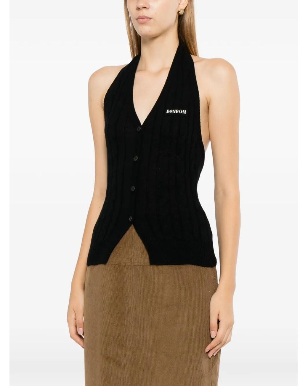BONBOM Black Cable-Knit Halterneck Top