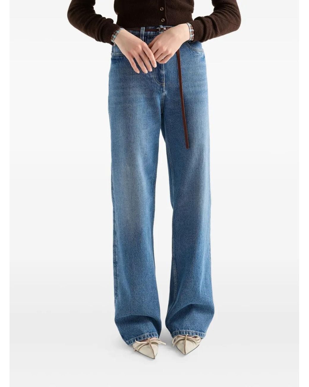 Prada Jeans Met Logoplakkaat En Vijf Zakken in het Blue