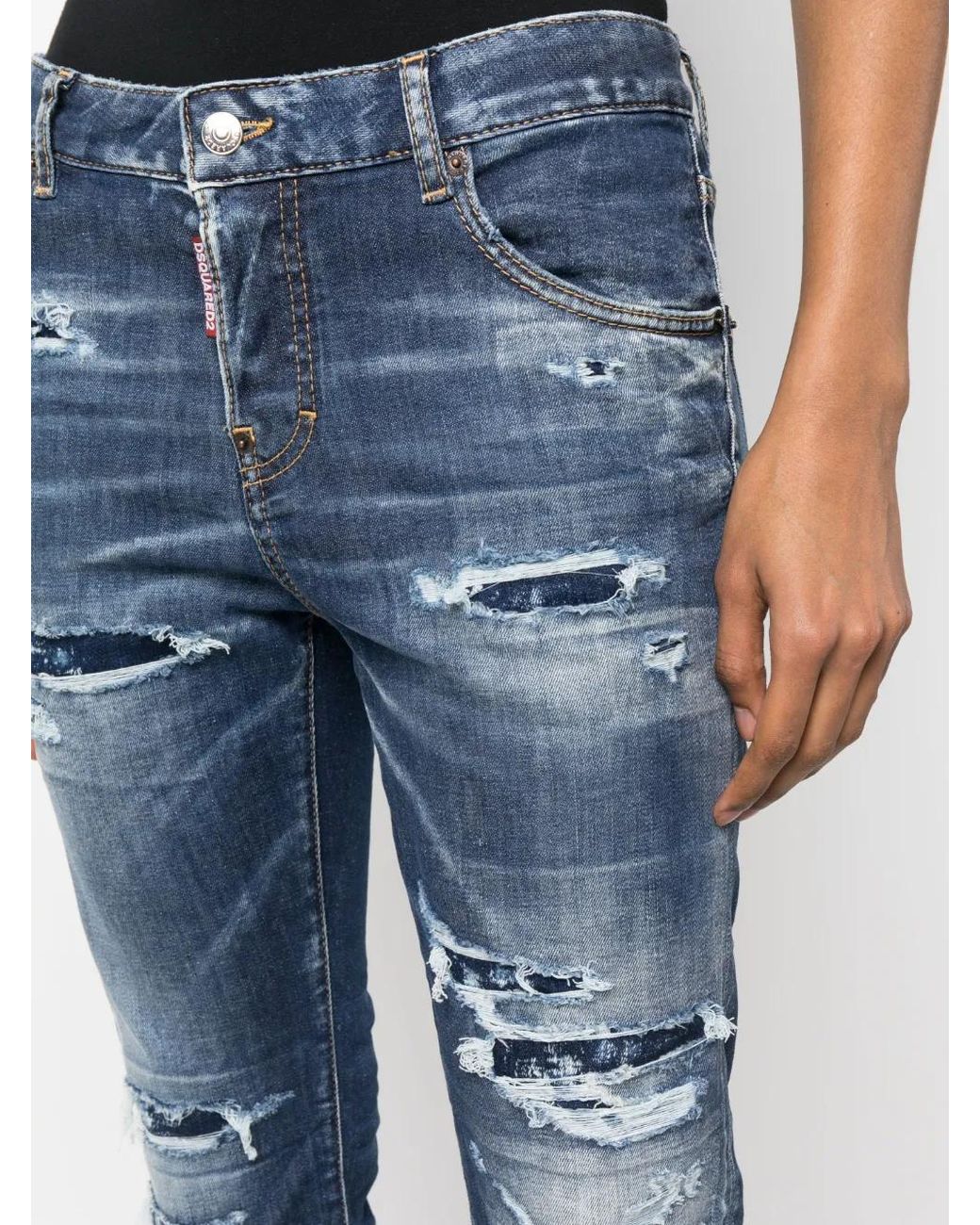 DSquared² Blue Distressed Logo-Patch Cropped Jeans