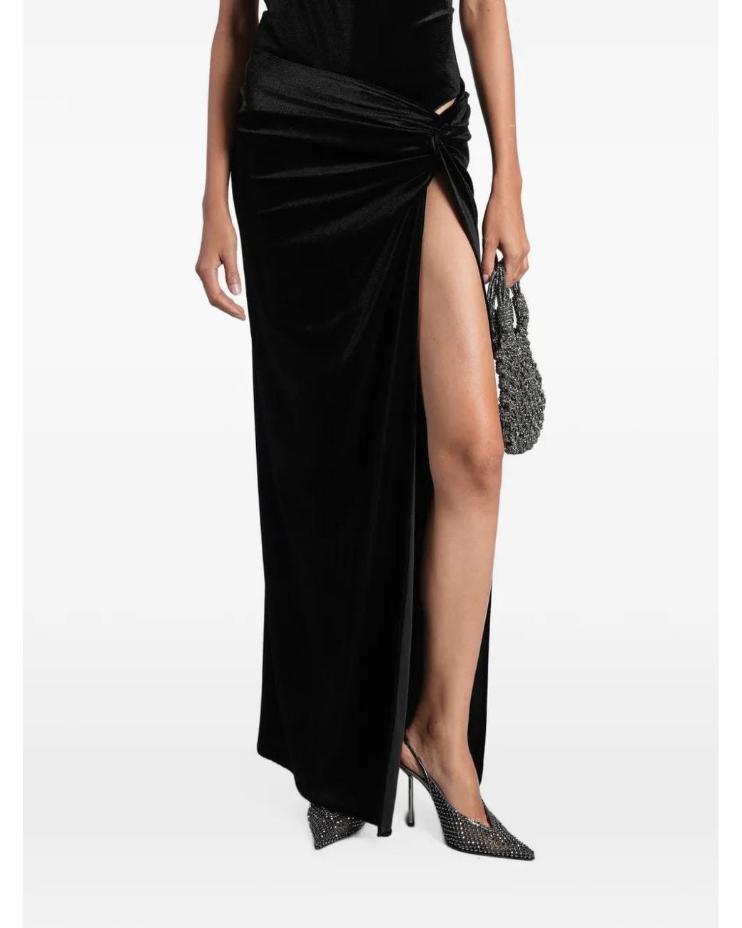 ANDAMANE Black Knot-Detail Side-Slit Maxi Skirt