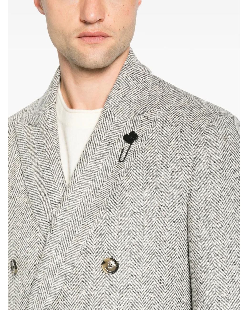 Lardini Gray Manteau En Tweed À Chevrons Et Boutonnière Croisée for men