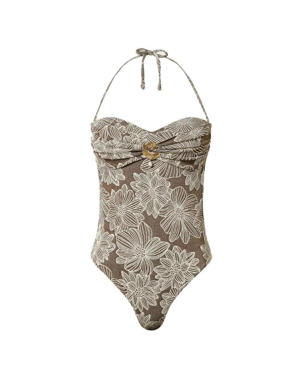 Twinset White Jacquard One-Piece Swimsuit With Pearl