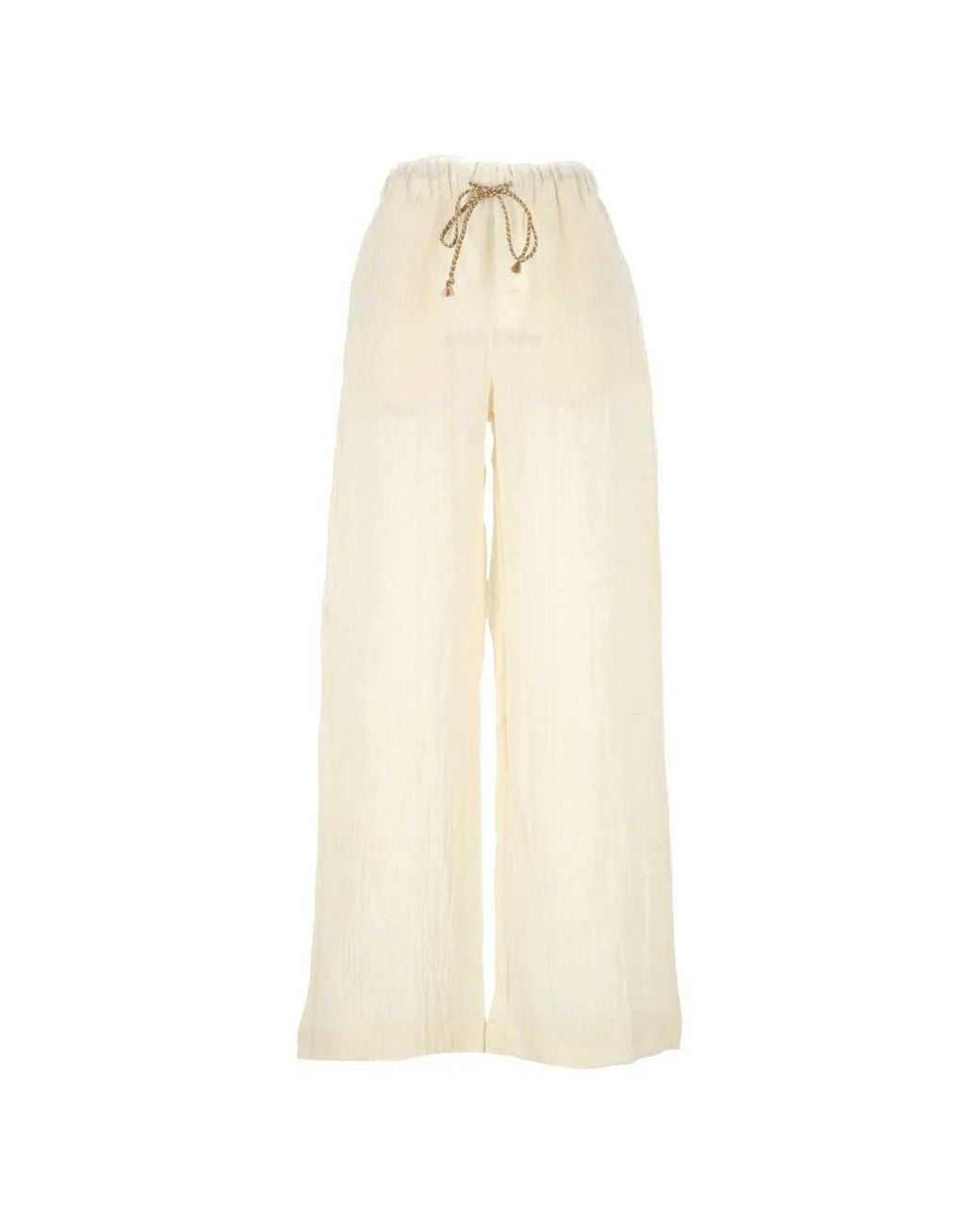 120% Lino White Drawstring Wide-Leg Trousers