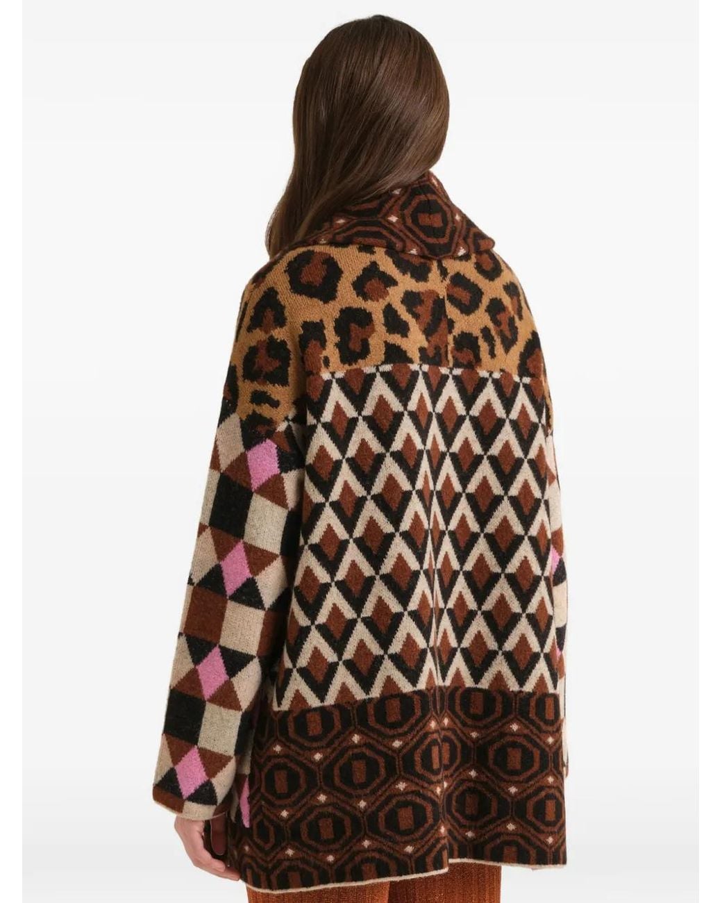 Maliparmi Brown Jacquard-Knit Geometric-Pattern Coat