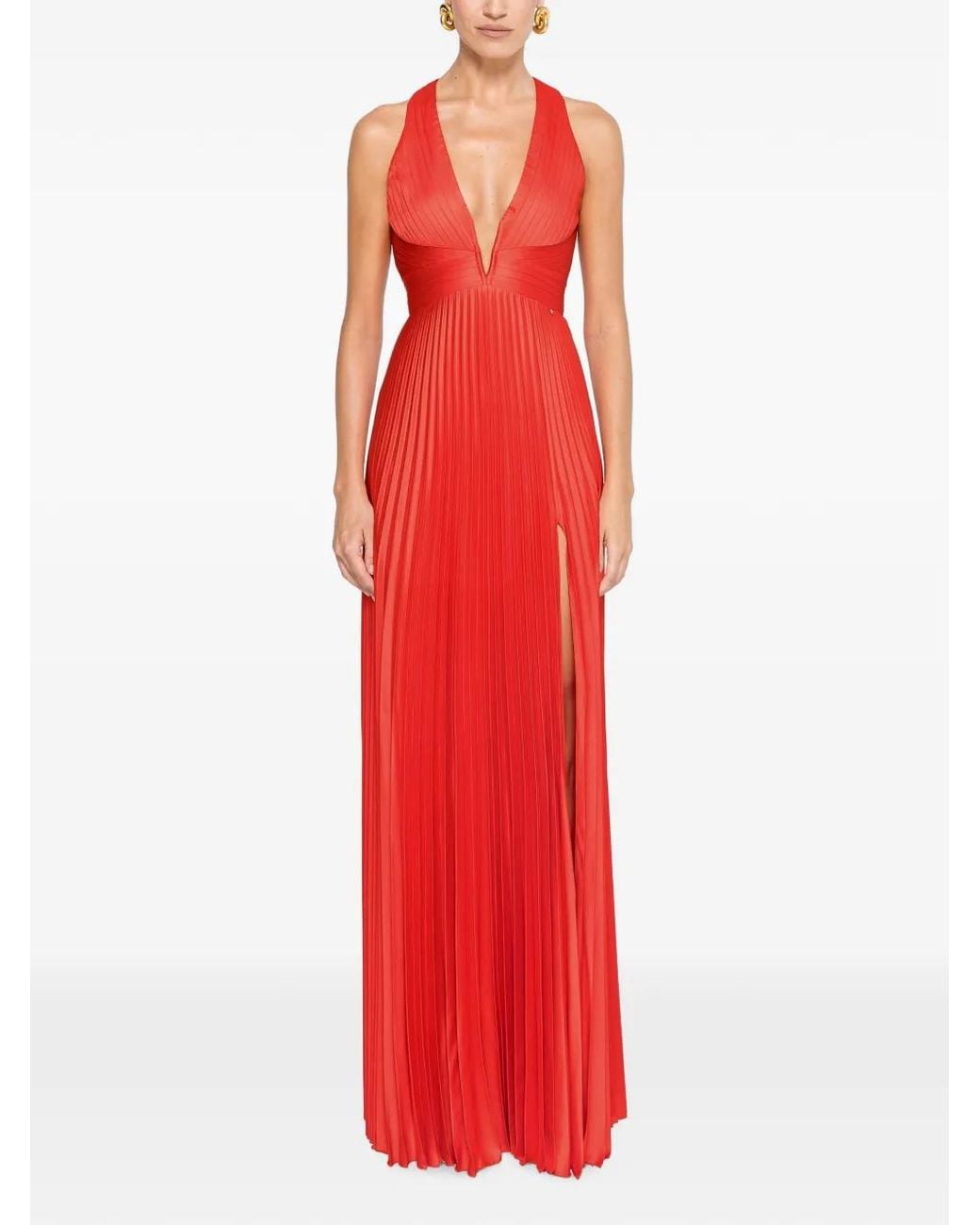 Nissa Red Pleated Satin Maxi Dress