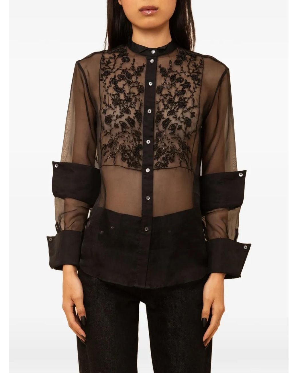 Contessa Mills Gray Winifred Bead-Embroidered Silk-Organza Shirt