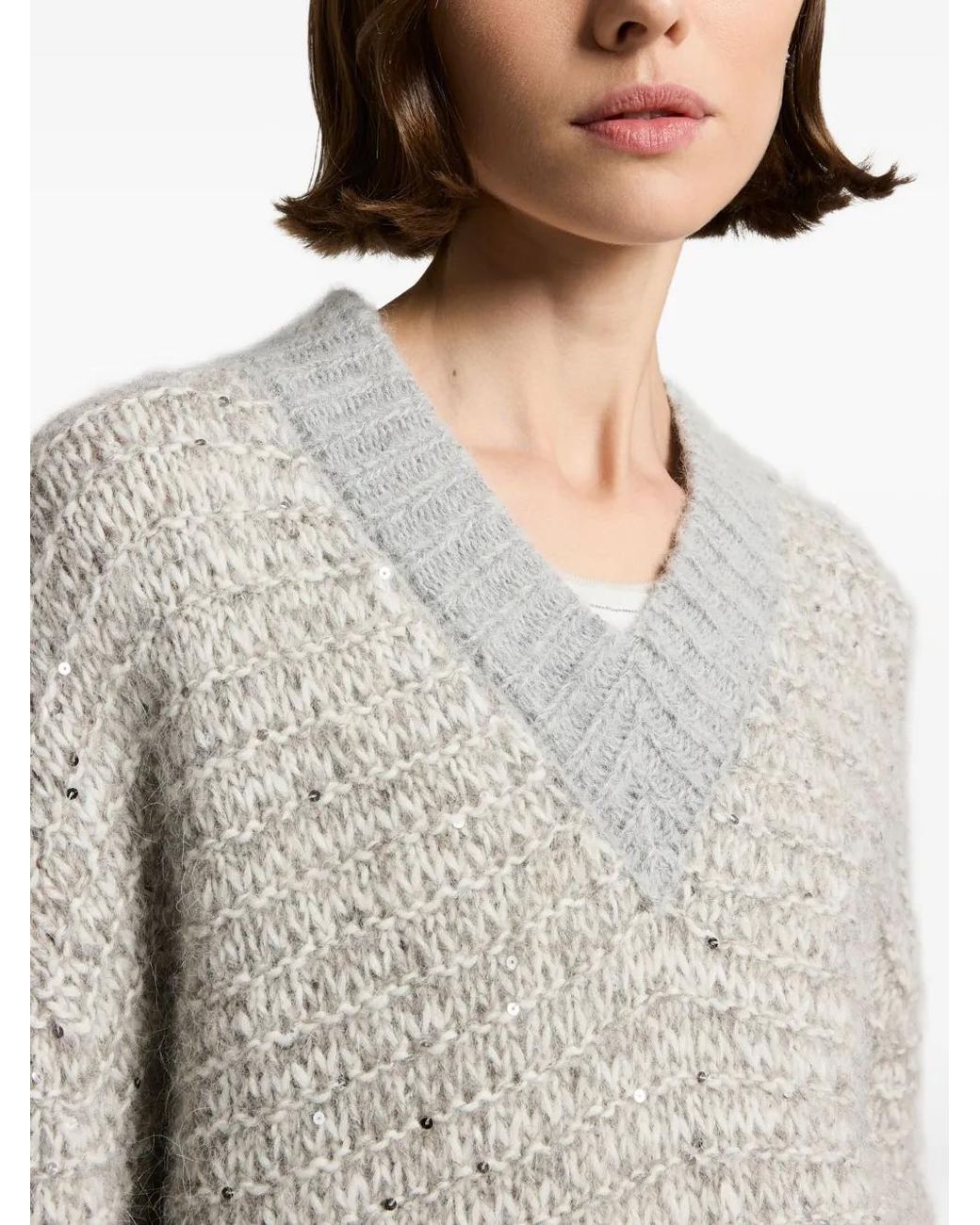 Peserico Gray Sequin-Embellished V-Neck Sweater