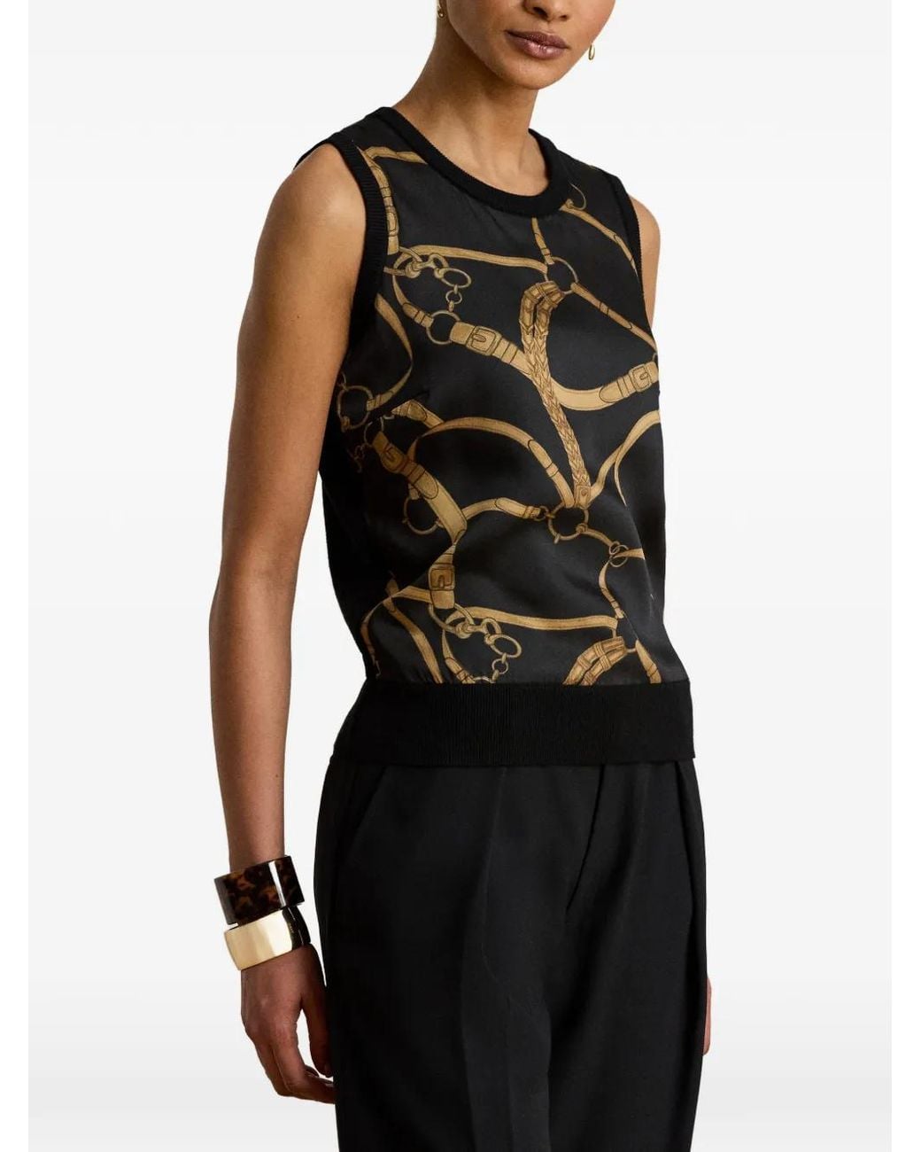 Ralph Lauren Black Belting-Print Sleeveless Top