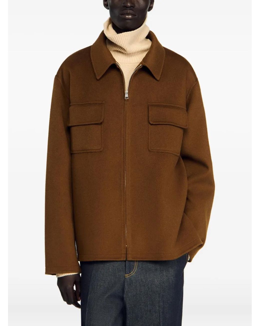 Sandro Brown Zip-Front Patch-Pocket Jacket for men