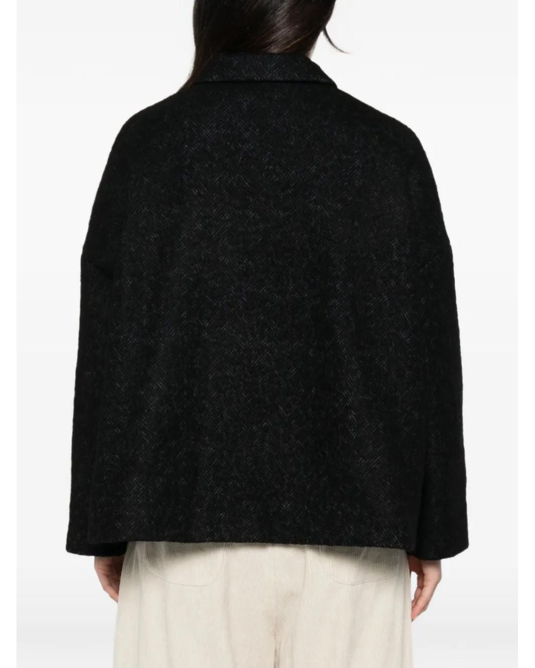 Apuntob Black Herringbone-Pattern Front-Button Jacket