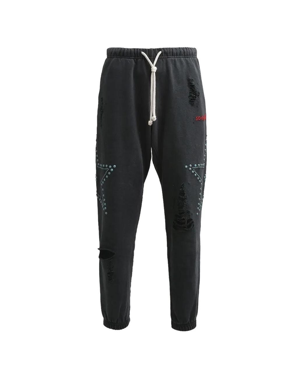 Satoshi Nakamoto Black Distressed Star-Studded Track Pants for men