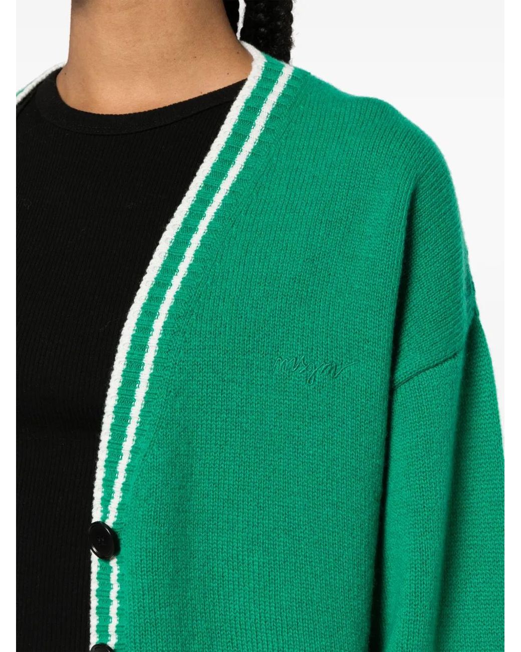 MSGM Green Striped-Edge Knitted Cardigan
