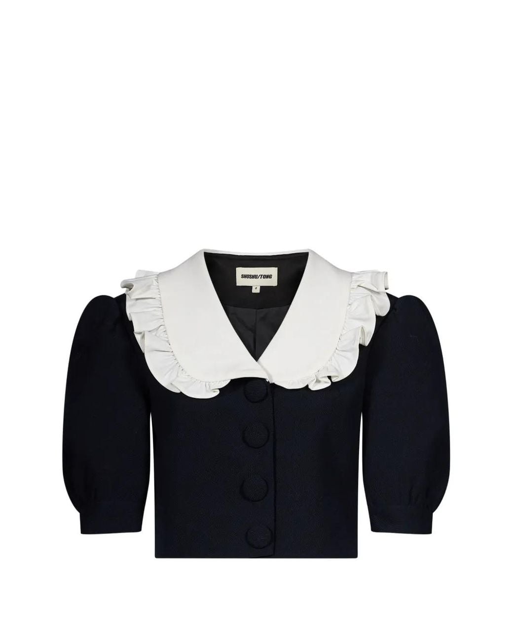 ShuShu/Tong Blue Ruffled-Collar Puff-Sleeve Cropped Jacket