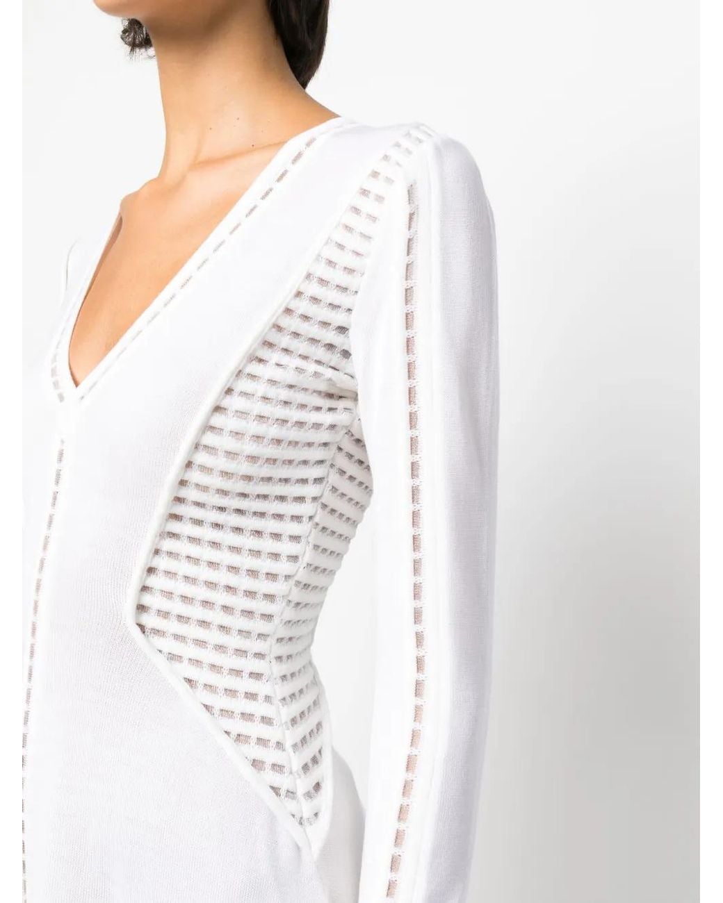 Genny White Perforated-Detailing V-Neck Dress