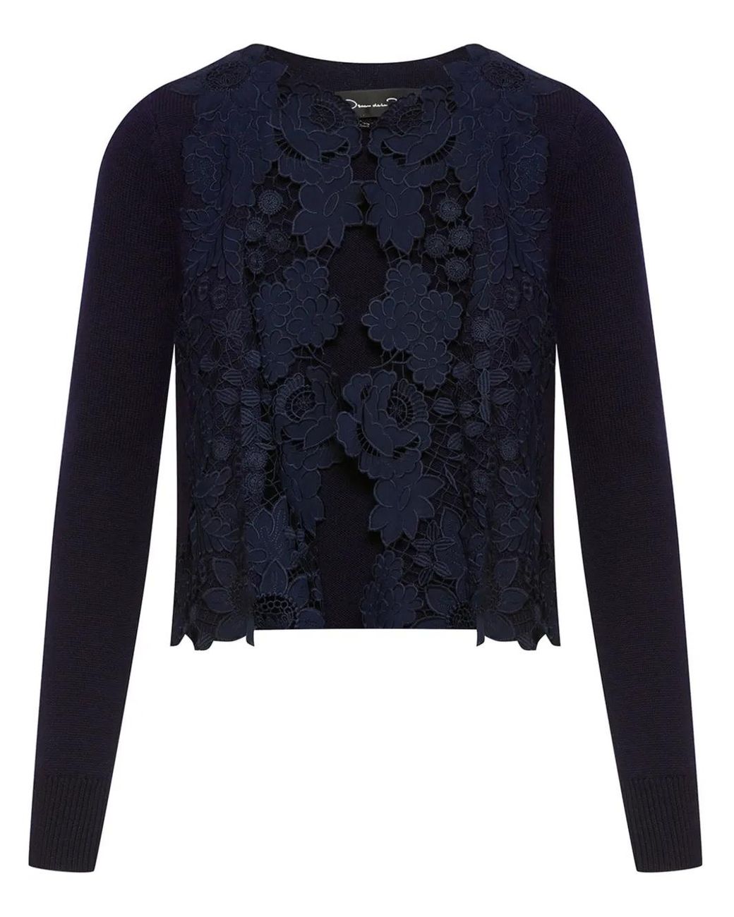 Oscar de la Renta Blue Mixed Botanical Lace-Panelled Cardigan