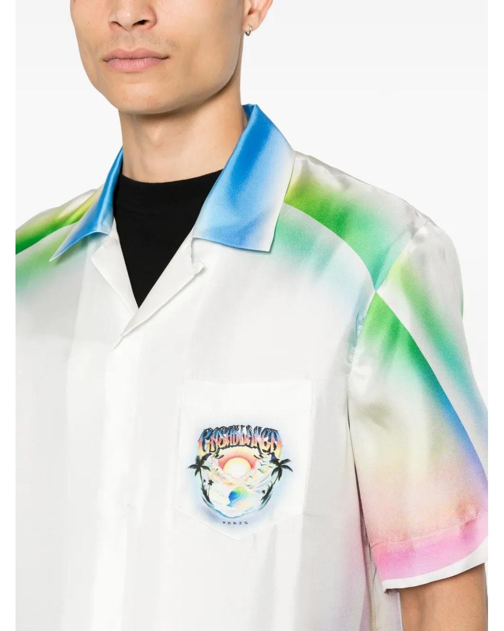 Casablanca Blue Multicolour Airspray Short Sleeve Silk Shirt for men