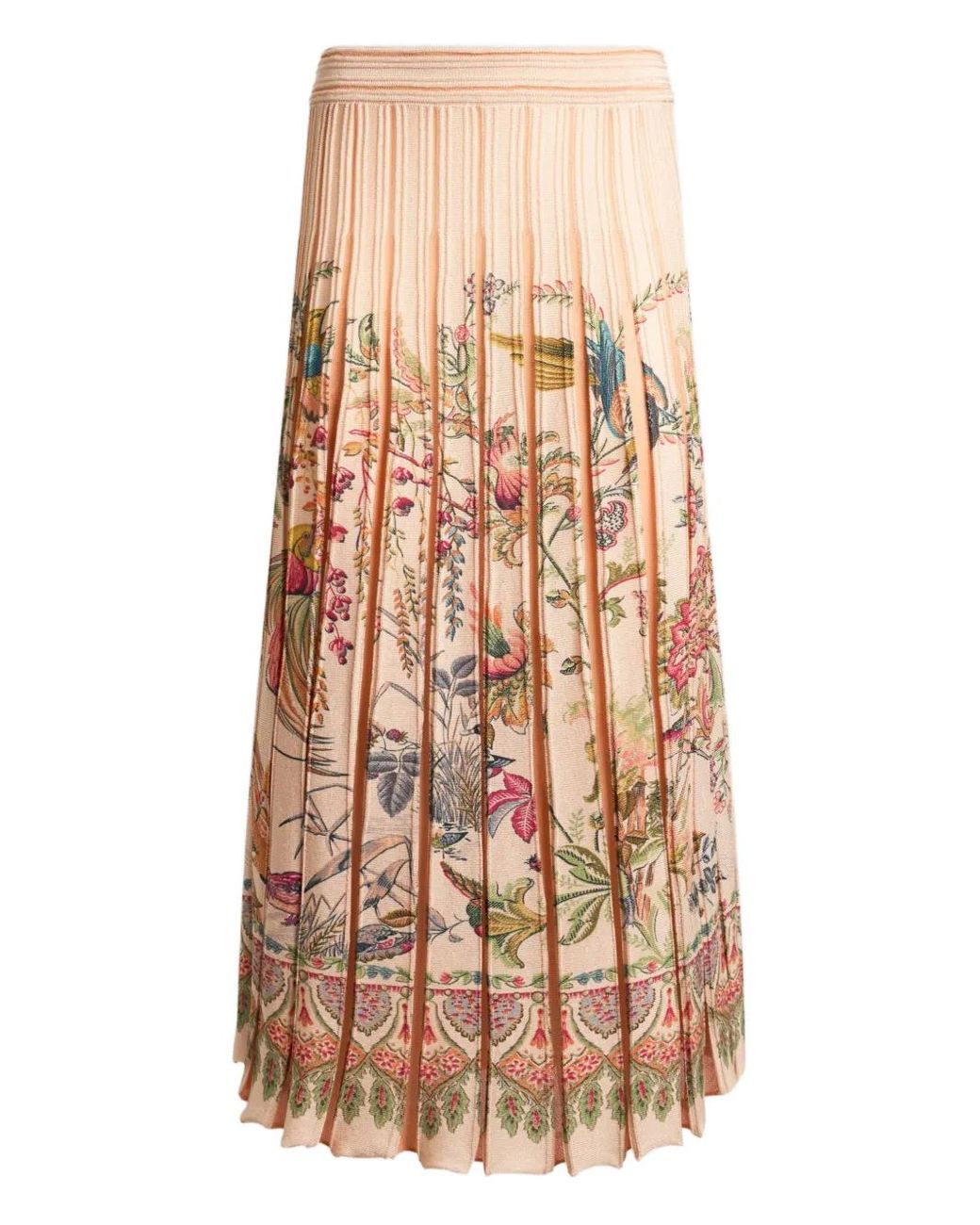 Etro Natural Pleated Flora Fauna-Print Midi Skirt