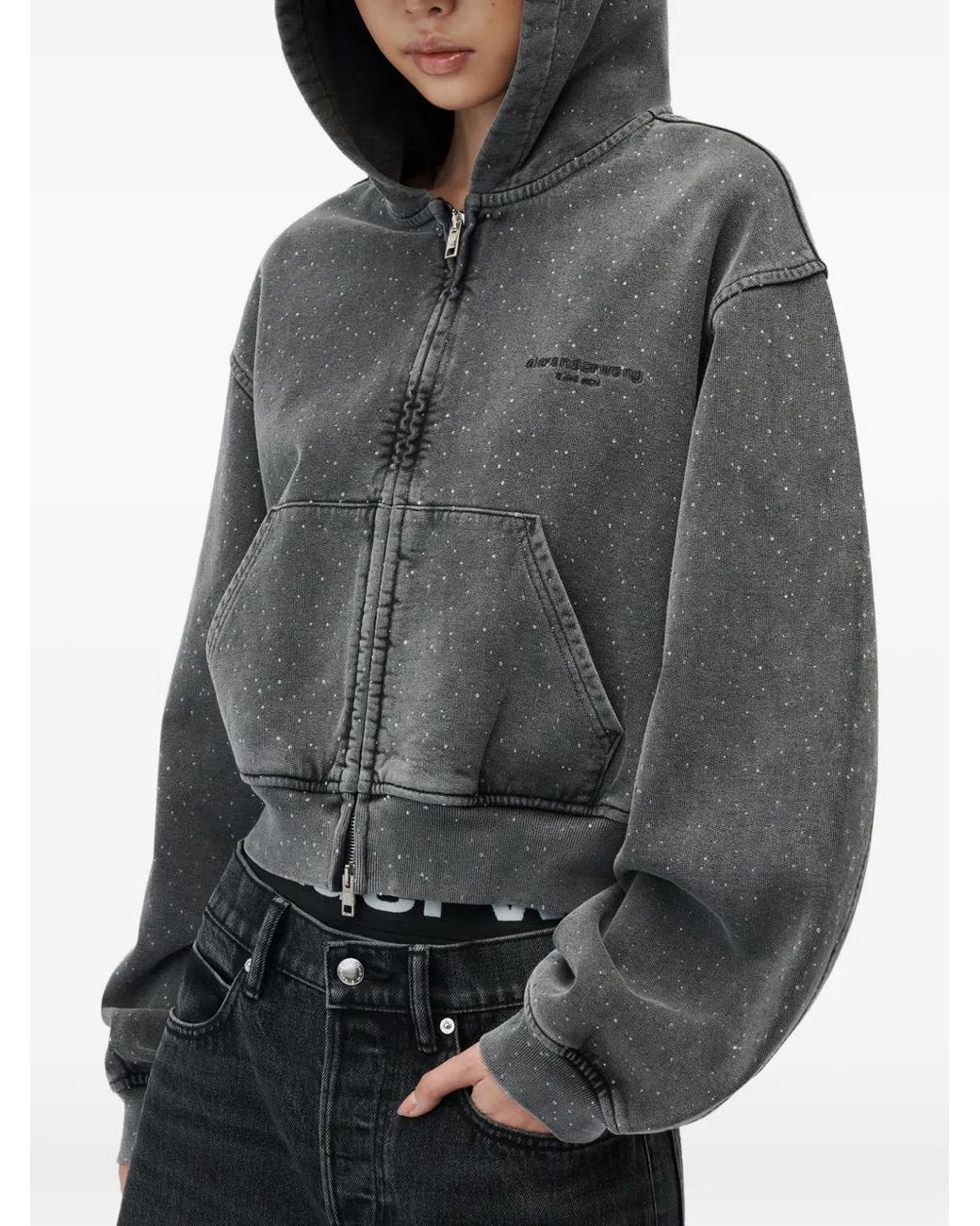 Alexander Wang Gray Crystal Hotfix Zip-Up Hoodie