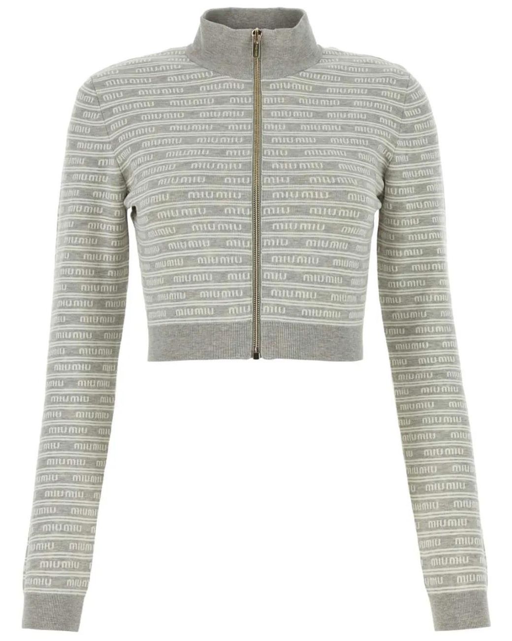 Miu Miu Gray Intarsia-Logo Cropped Cardigan