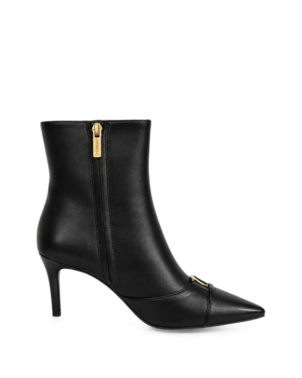 Twinset Black Leather Ankle Boots With Logo