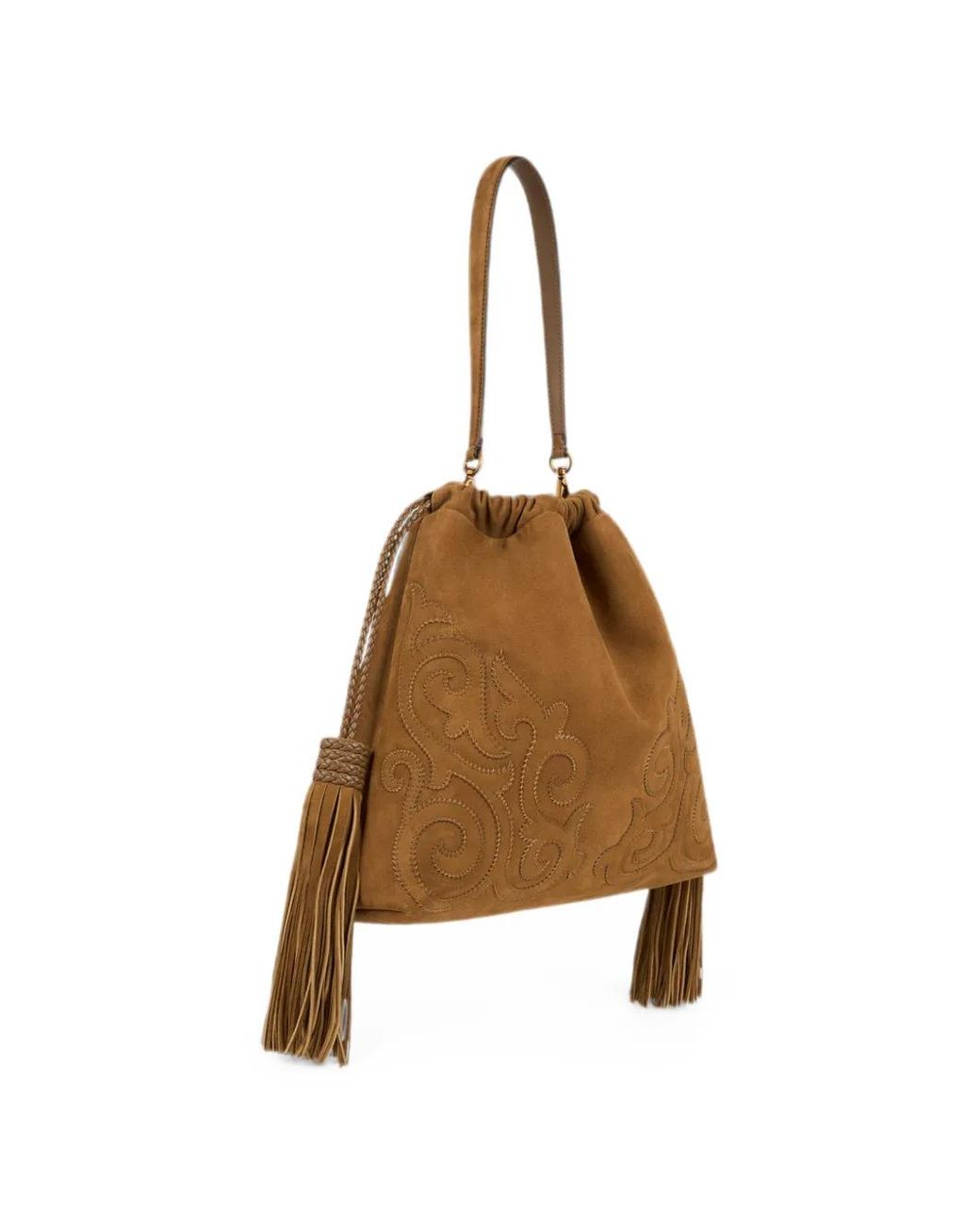 Etro Brown Medium Suede Kalispera Bag With Patch And Tassels