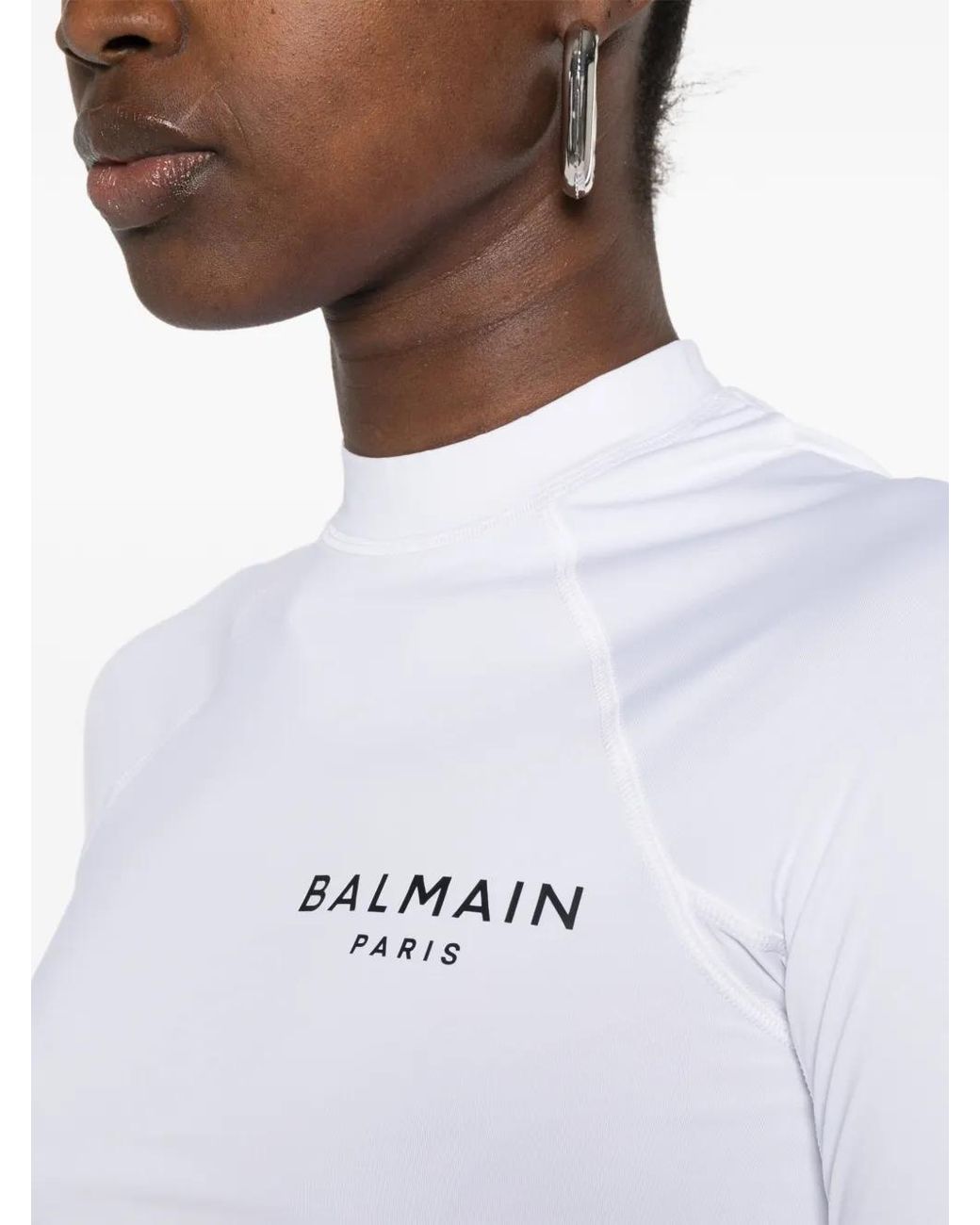 Balmain White T-Shirt Crop À Logo Imprimé