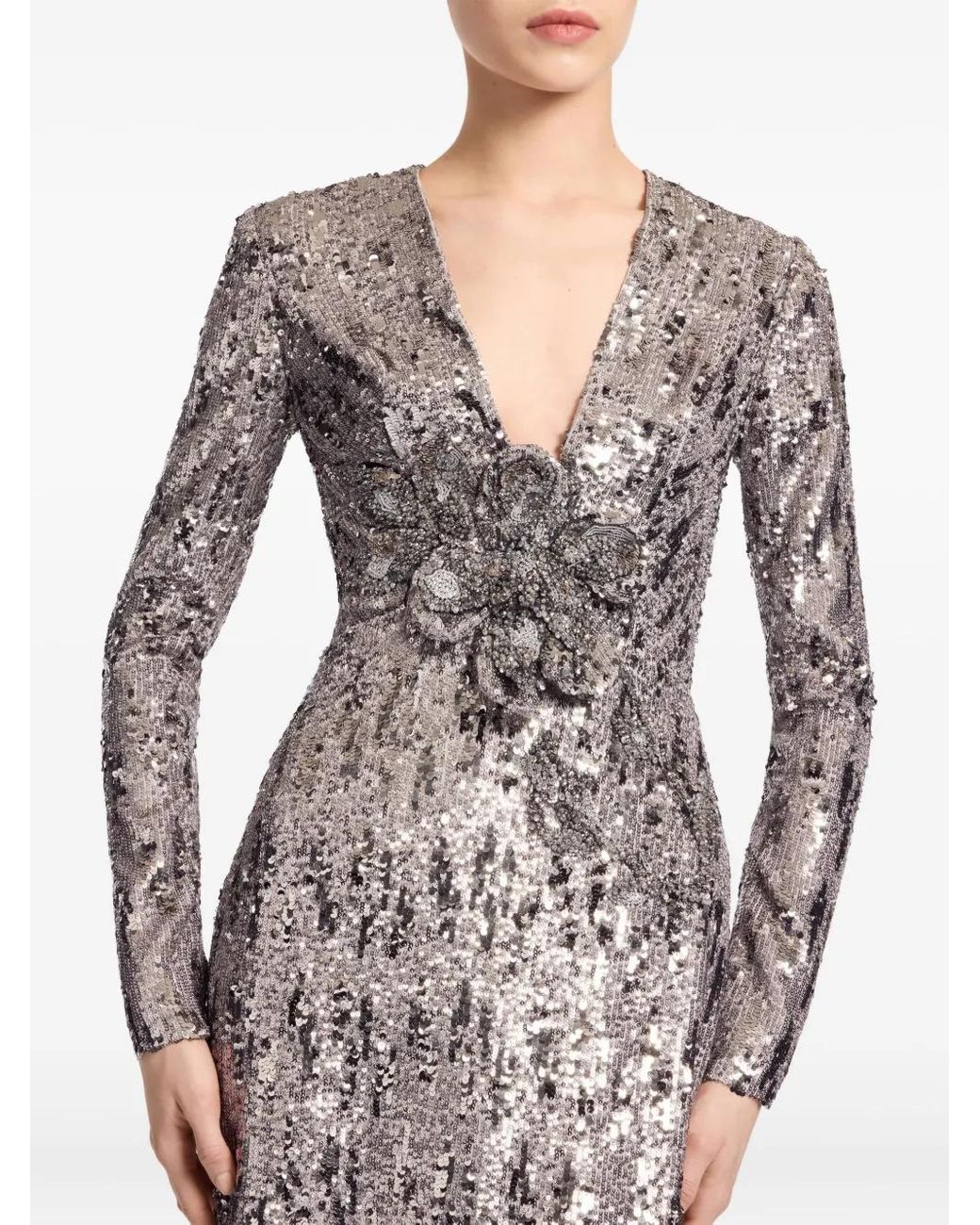 Elie Saab Gray Sequin-Embellished Open-Back Maxi Dress