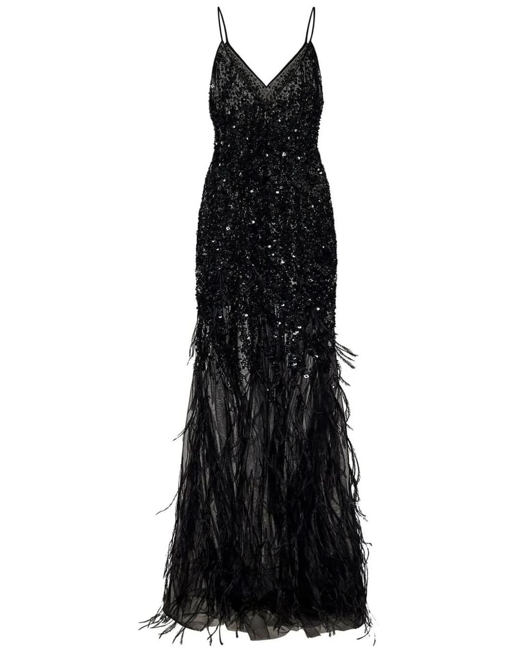 ROOM76 Black Sequin-Feather Embellished V-Neck Dress