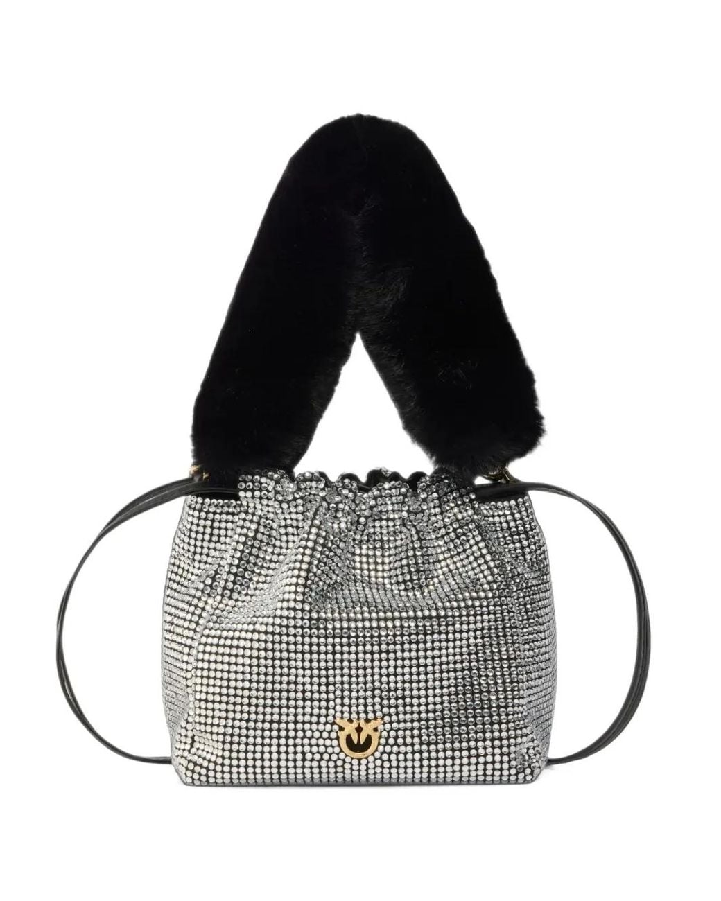 Pinko White Fully Rhinestoned Shoulder Bucket Bag With Fur-Effect Shoulder Strap