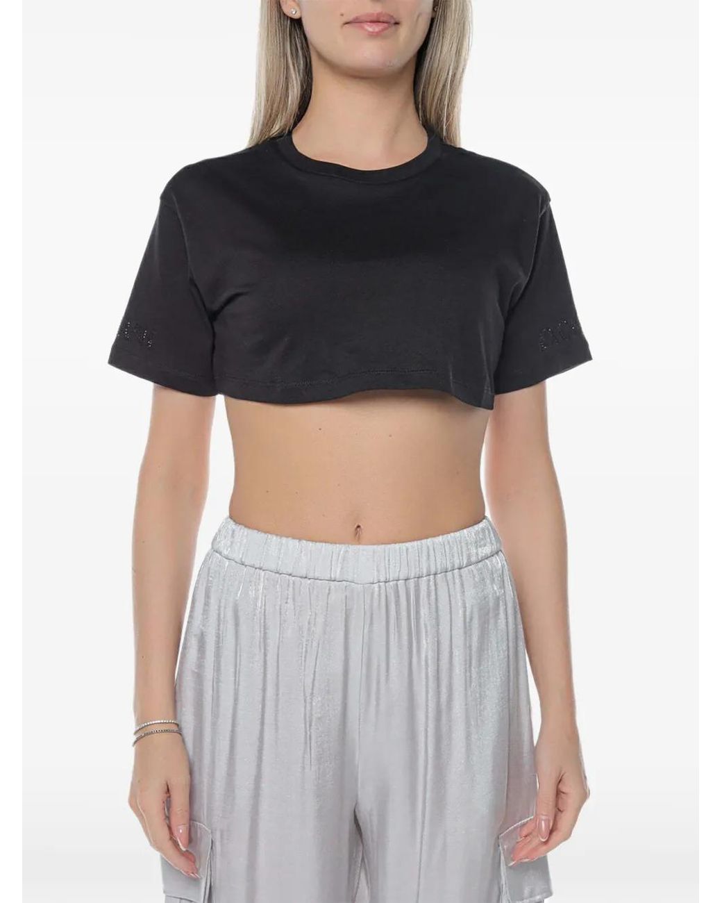 ARMANI EXCHANGE Black Cropped Rhinestone-Embellished T-Shirt