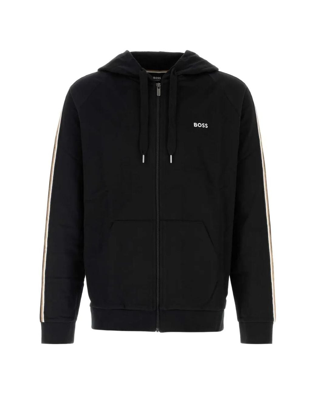 Boss Black Cotton Full-Zip Hoodie With Striped Sleeves for men