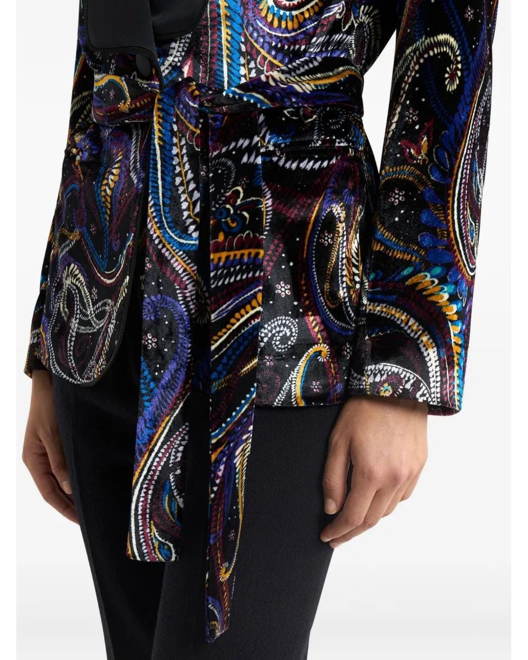 Etro Black Velvet Jacket With Belt And Paisley Foliage Motif