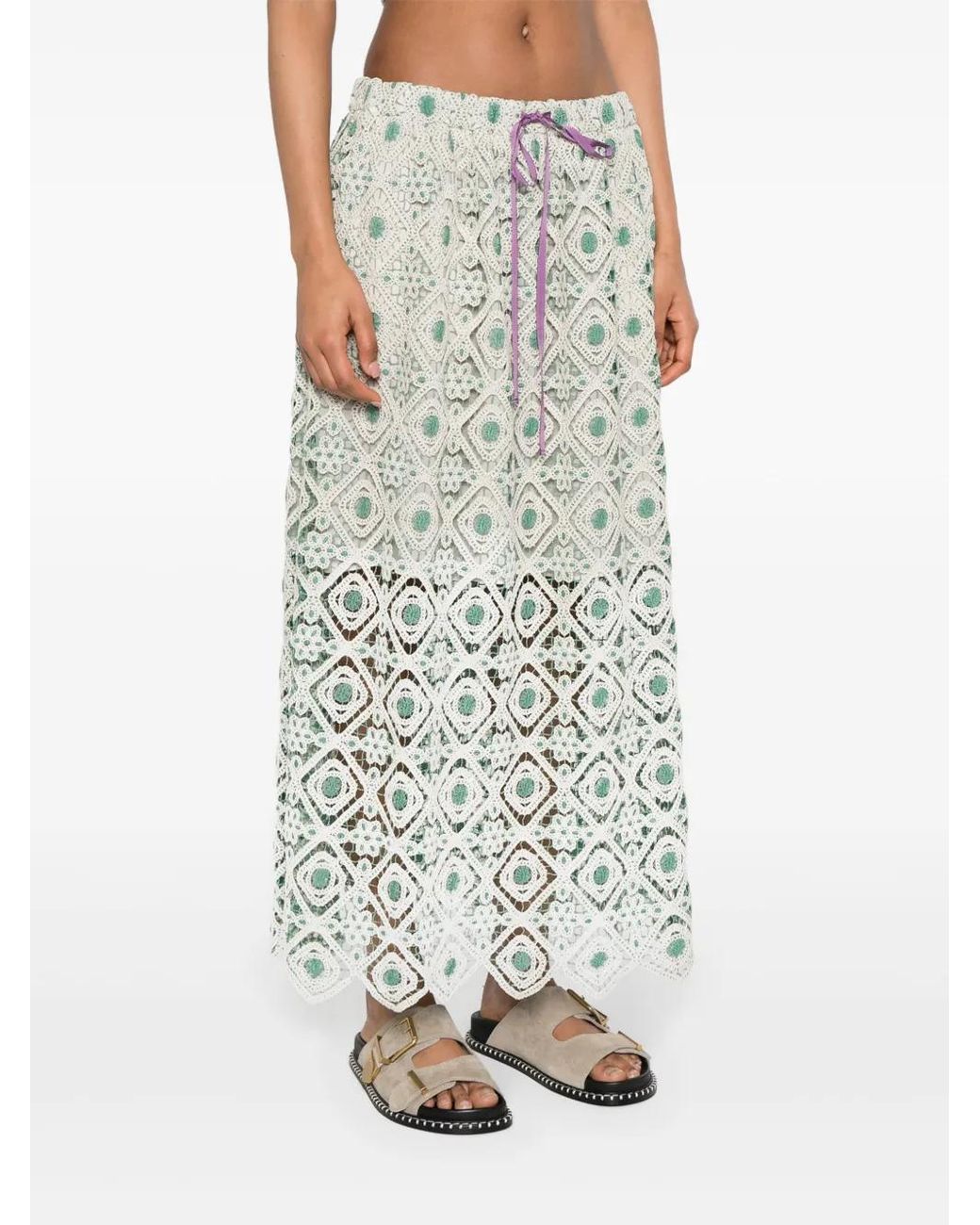LaDoubleJ White Macramé Drawstring Midi Skirt