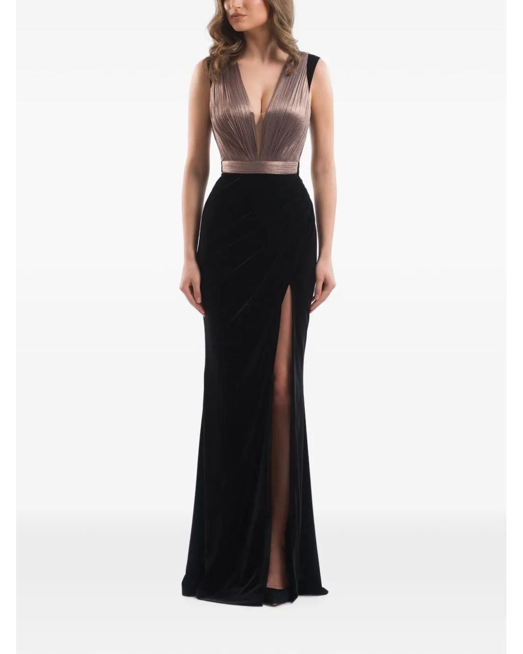 IMROSKA Black Plissé-Effect Side-Slit Maxi Dress
