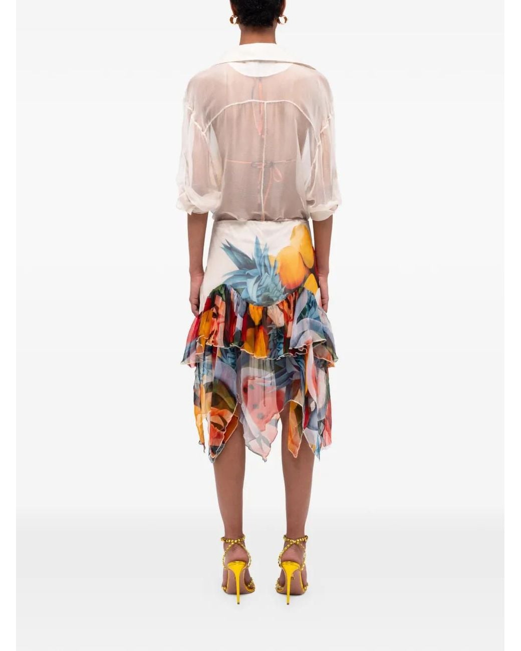 Donde Esteban White Ruffled Chiffon Silk Midi Skirt
