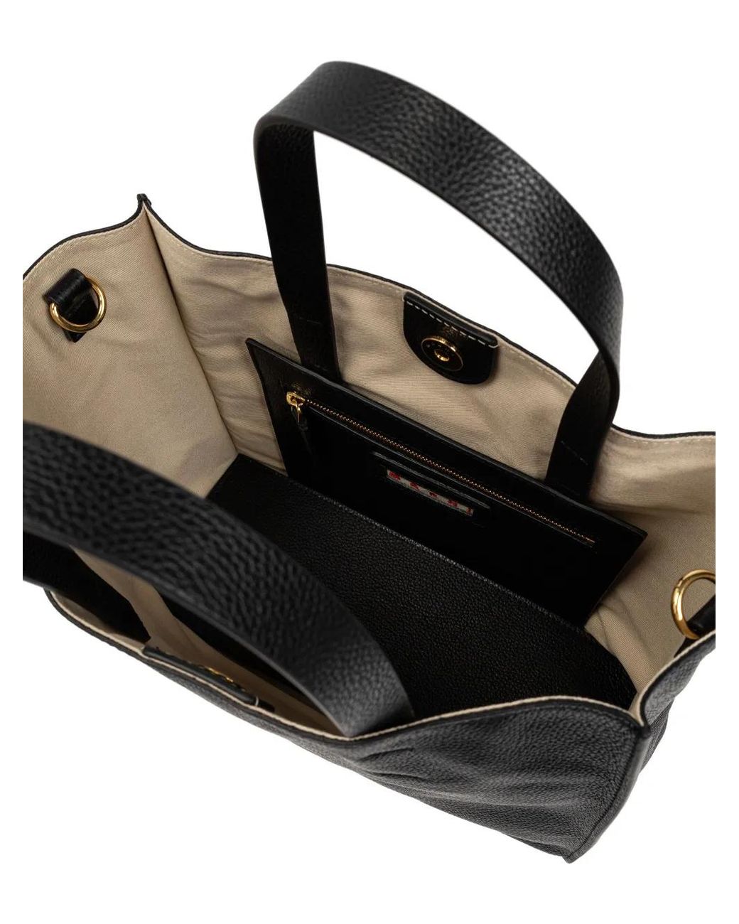 Marni Black Leather Museo Soft Tote Bag With Embroidery