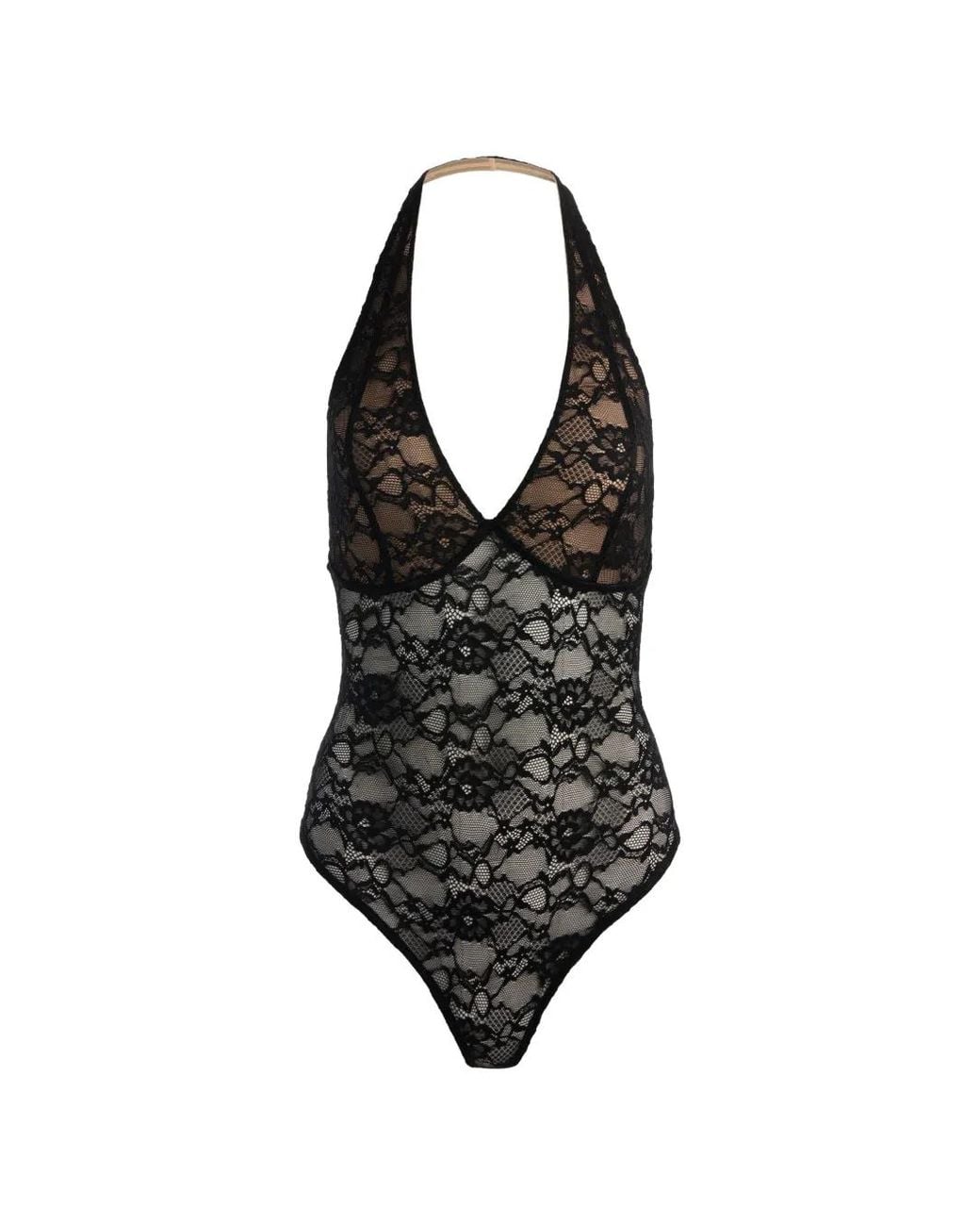 Alice + Olivia Black Lina Plunging V-Neck Halter Lace Bodysuit