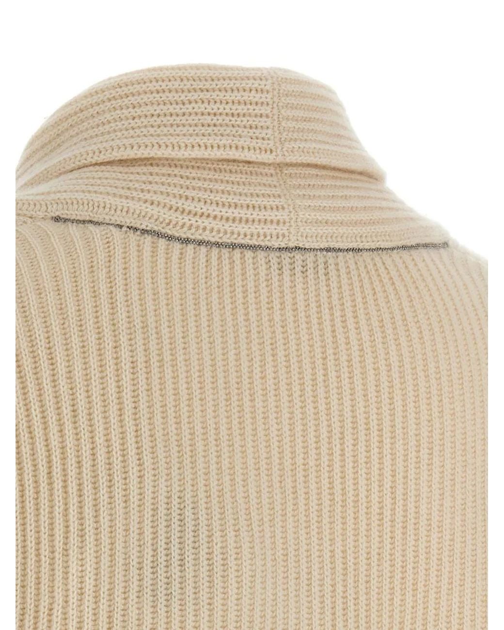 Brunello Cucinelli Natural Ribbed-Knit Shawl-Collar Sweater