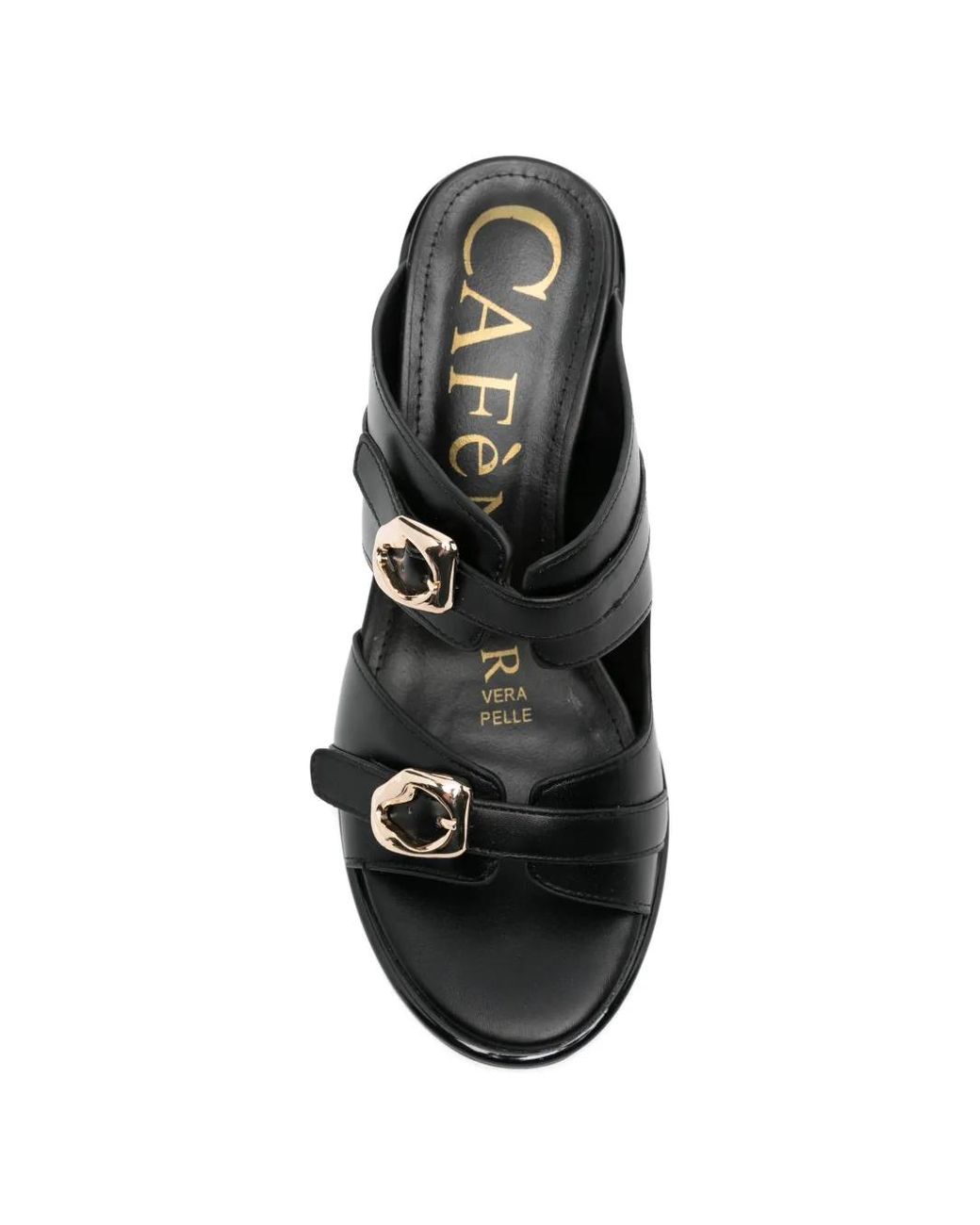 CafeNoir Black Buckle-Strap Block-Heel Sandals